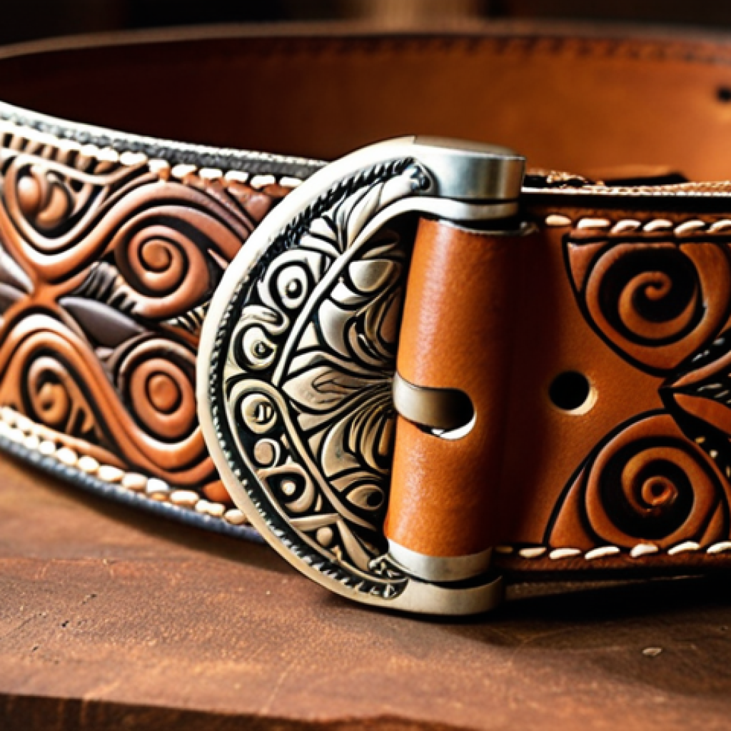 **Image Prompt:** A close-up shot of a handcrafted Bali leather belt, showcasing intricate patterns and natural leather texture. Focus on the details of the leather and the buckle, highlighting the artisan craftsmanship. The background should be a blurred, warm-toned workshop setting.