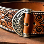 **Image Prompt:** A close-up shot of a handcrafted Bali leather belt, showcasing intricate patterns and natural leather texture. Focus on the details of the leather and the buckle, highlighting the artisan craftsmanship. The background should be a blurred, warm-toned workshop setting.