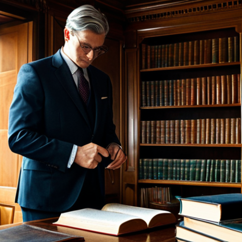 Home 14 A professional individual, fully clothed in a modest, high-quality dark tailored suit, meticulously adjusting a classic, genuine leather Paul Smith-style belt with a subtle, elegant buckle. They are standing in an antique-filled, richly paneled study with a large, ornate wooden desk and leather-bound books in the background. The scene is lit with warm, sophisticated natural light emphasizing texture and depth. Perfect anatomy, correct proportions, natural pose, well-formed hands, proper finger count, natural body proportions. Safe for work, appropriate content, fully clothed, professional.
