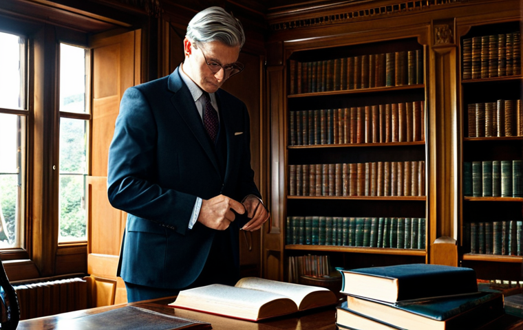 A professional individual, fully clothed in a modest, high-quality dark tailored suit, meticulously adjusting a classic, genuine leather Paul Smith-style belt with a subtle, elegant buckle. They are standing in an antique-filled, richly paneled study with a large, ornate wooden desk and leather-bound books in the background. The scene is lit with warm, sophisticated natural light emphasizing texture and depth. Perfect anatomy, correct proportions, natural pose, well-formed hands, proper finger count, natural body proportions. Safe for work, appropriate content, fully clothed, professional.