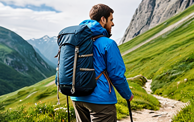 노스페이스와 파타고니아 아웃도어 벨트 비교 - **
"A hiker, fully clothed in outdoor gear, adjusting their durable nylon belt near a mountain trai...